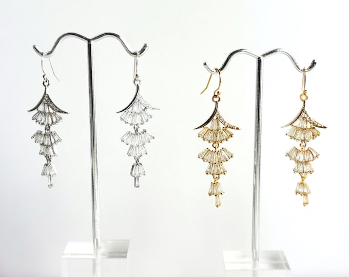 Long Layered Zircon Earrings, Pagoda Style Tiered Earrings, Sterling Silver or 14k Gold Filled Choices, Buddhist Temple Tiers, #1896