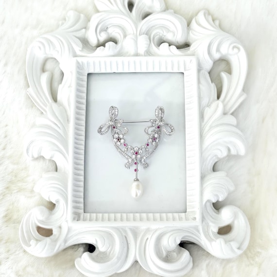 Dainty Silver Zircon Ribbon Brooch, Dangling Drop Pearl, Floral Brooch with Pink Centers, Twinkling Vintage Style Brooch, #1928