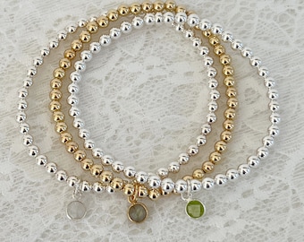Gold Gemstone Beaded Bracelet, Labradorite, Peridot, Moonstone Choices, Stg Silver or 14k GF Gold Beads, Layering Bracelets, #1607/#1608