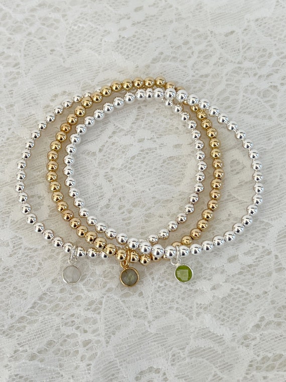 Gold Gemstone Beaded Bracelet, Labradorite, Peridot, Moonstone Choices, Stg Silver or 14k GF Gold Beads, Layering Bracelets, #1672/#1673