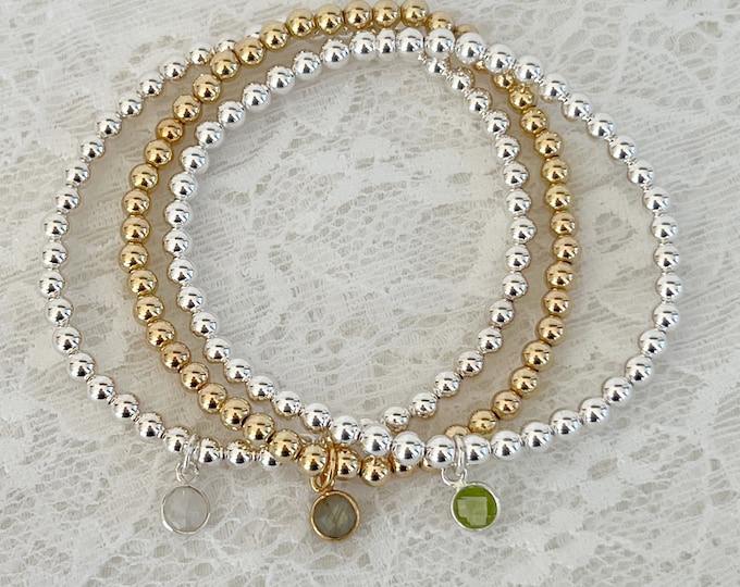 Gold Gemstone Beaded Bracelet, Labradorite, Peridot, Moonstone Choices, Stg Silver or 14k GF Gold Beads, Layering Bracelets, #1607/#1608