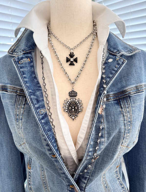 Layered Necklace Set, Black Cross Necklace, Crowned Bee Statement Pendant, Gunmetal Zircon Chain, Mixed Metal #2075, #2076, #2078