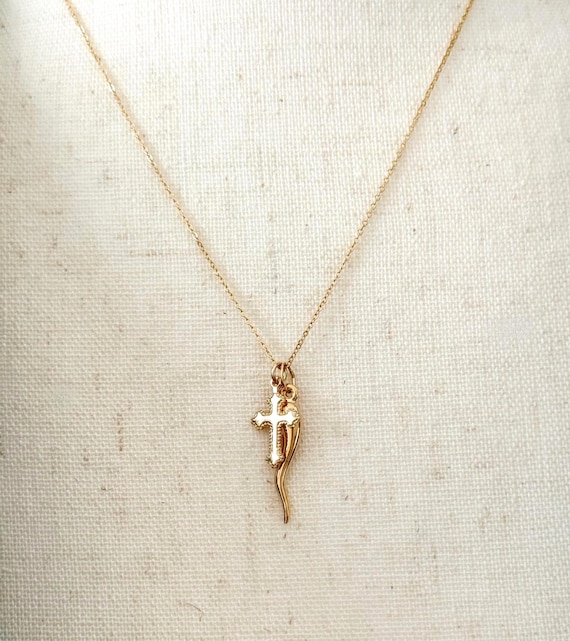 14k Gold Filled Italian Horn and Coptic Cross Necklace: Spiritual Protection and Faith Amulet, Cornicello Pendant #1209