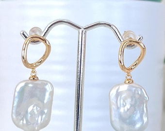 Kate Rectangle Keshi Pearl Earrings, Gold Wavy Circle Posts, Sterling Silver Pins, Princess Style Royal Earrings #1783