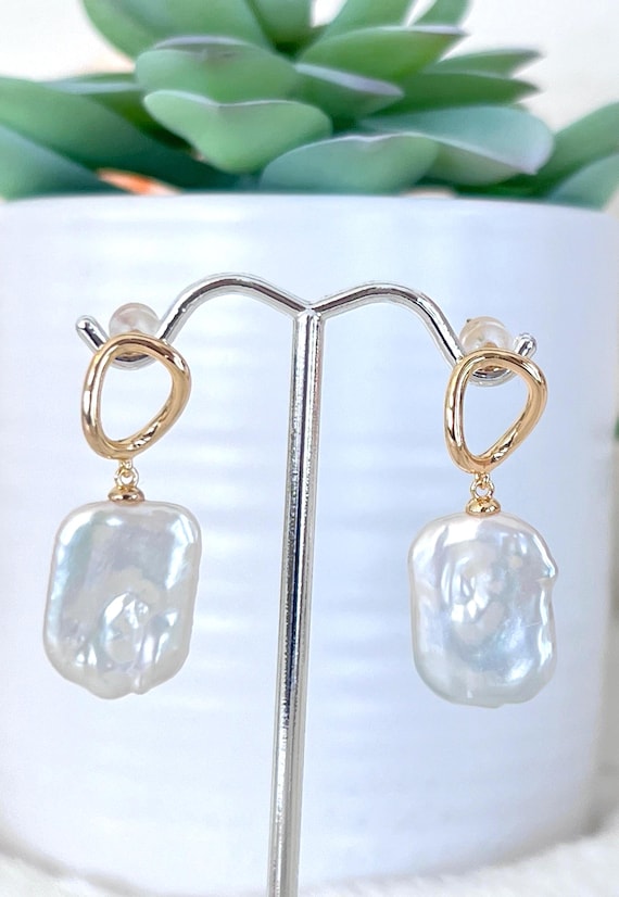 Kate Rectangle Keshi Pearl Earrings, Gold Wavy Circle Posts, Sterling Silver Pins, Princess Style Royal Earrings #1783
