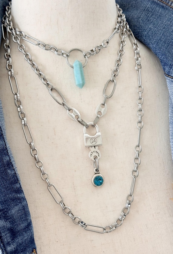 OOAK Industrial Chic Stainless Steel Statement Necklace, Lock Pendant with a Teal Blue Swarovski Crystal Charm, Multi Link Chain #2047