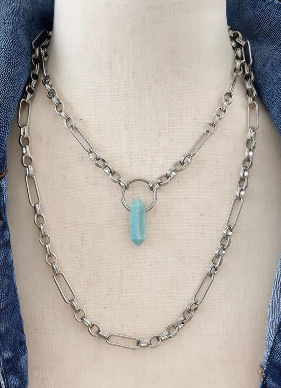 Larimar Stick Stainless Steel Chain Necklace, Long Double Wrap Necklace, Paperclip Link Trombone Chain Statement Jewelry, #2023