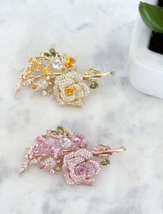 Rose Gold Zircon Rose Brooch: Floral Jewelry, #1831