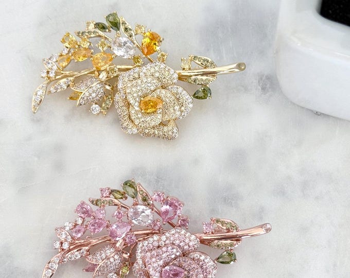 Luxury Rose Gold Brilliant Sparkle Rose Brooch, Rhodium & Rose Gold High Quality Zircon Brooch, Floral Brooch, #1745
