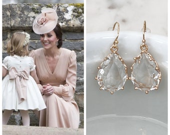 Kate Middleton Inspired Clear Teardrop 14k Gold Filled Earrings, Lightweight and Sparkling Dangles, Pink Crystal Dainty Royal Earrings #1207