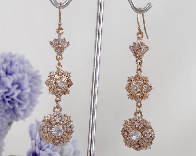 Long Elegant Victorian Style Zircon Earrings, Regency Era 14k Gold Filled Chandeliers, Fancy Long Drop Earrings, Sparkling Medieval #1844