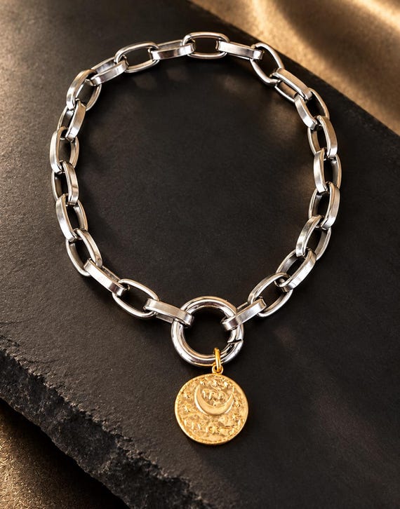 Stainless Steel Chain Anklet with Gold Plated Coin Charm. Mixed Metal Anklet, Double Sided Tree and Crescent Moon Luxury Design #2054