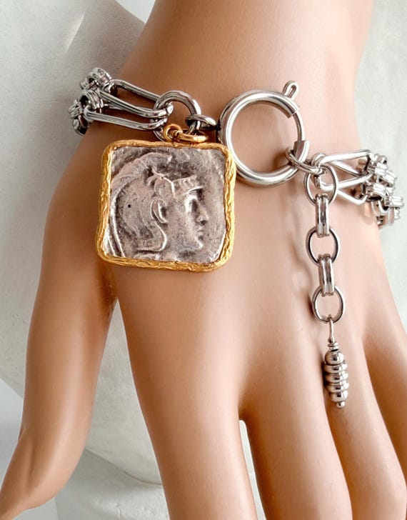 Ancient Greek Owl Coin Bracelet, Stainless Steel Rolo Clip Chain, Mixed Metal Chunky Statement Bracelet with Large Spring Ring Clasp, #2033