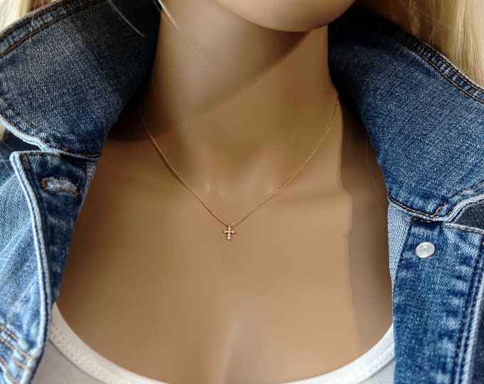 Teeny Tiny Gold Pave Cross Necklace, 14k Gold Filled Chain, Petite and Dainty Tiny CZ Cross, Inspirational, Children's Gift, #1182