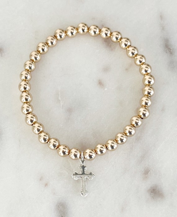 14k Gold Filled Beaded Bracelet with a Sterling Silver Cross, Inspirational Beaded  Stretch Bracelet, Religious Bracelet #1296