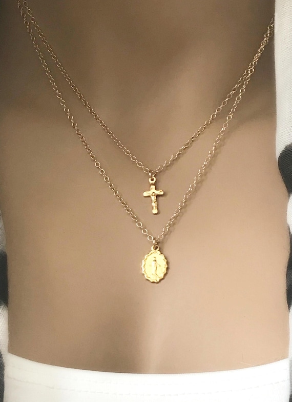 Gold Mother Mary Cross Necklace Set: 14k Gold Filled Cable Chains, Separate Necklaces, Mother Mary & Crucifix Cross, #655
