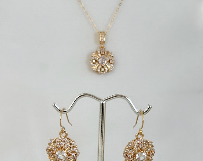 Regency Era Bridgerton Inspired 14k Gold Filled Jewelry Set, Zircon Earrings, 14k Gold Filled Necklace, Dainty Vintage Style Jewelry, #1814