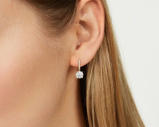 Diamond Zircon 1/2 Hoop Posts, Sterling Silver, 1 Carat Dangling Zircon, Silver or Gold, Dainty Paved CZ Earrings, Bridal Jewelry #1587