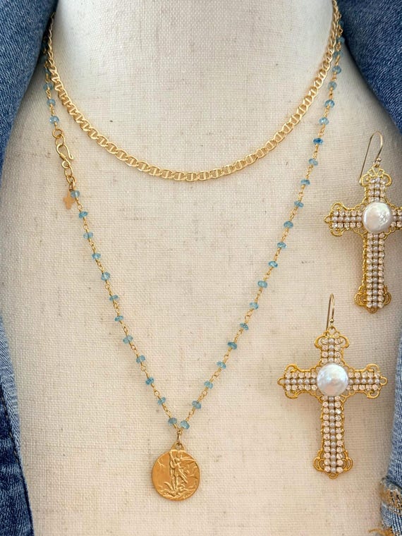 Saint Michael Blue Topaz Rosary Chain Necklace, Gold Bronze Medal, Pearl Cross Earrings, Faith Inspired Layered Set #1706/#1009