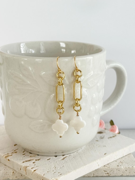 Chunky Chain Link Earrings: Mother of Pearl Clover Dangles, 14k Gold Filled Earwires, #1884