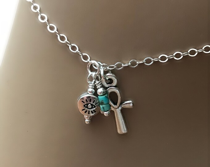 Sterling Silver Evil Eye Anklet, Ankh Cross, Heishi Turquoise, Dainty Ankle Jewelry, Protection Anklet, #610