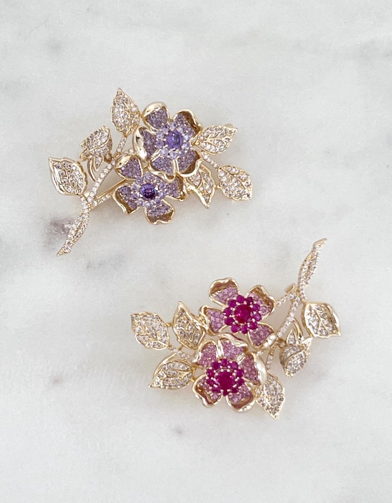 Double Floral Gold Zircon Brooch, Two Flowers & Bud Brooch in Rose Pink or Lavender, Elegant Royal Brooch with Micro Paved Zircons  #1761