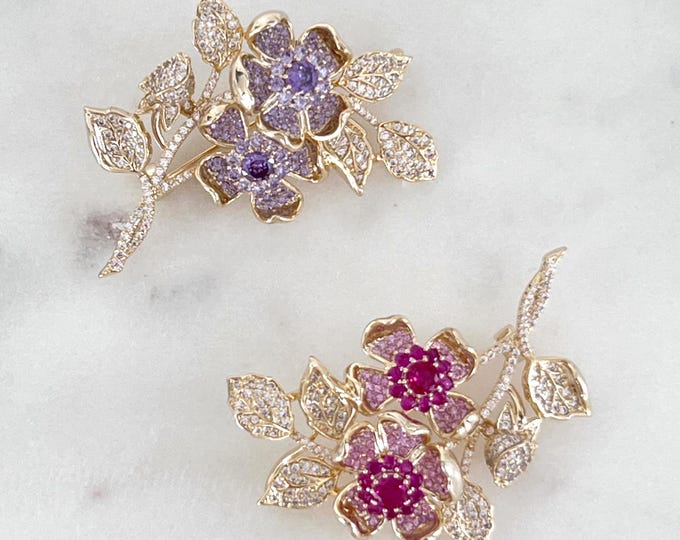 Double Floral Gold Zircon Brooch, Two Flowers & Bud Brooch in Rose Pink or Lavender, Elegant Royal Brooch with Micro Paved Zircons  #1761