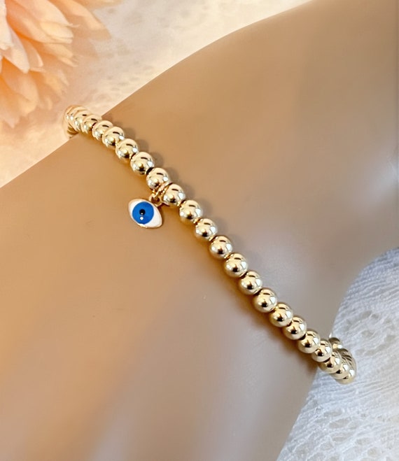Solid 14k Evil Eye Charm Bracelet: Protection Charm Bracelet, Gold Beaded Stretch Bracelet, Gift for her #1642