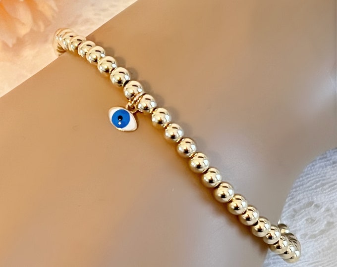 Solid 14k Evil Eye Charm on Gold Beaded Bracelet, 5mm 14k Gold Filled Beads, Dainty Evil Eye Charm, Boho Bracelet, Ward Off Evil #1642