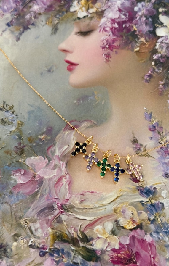Gold Zircon Cross Necklace: 14k Gold Filled Chain, Gold Plated Cross with Colored Zircons, Dainty Faith-Filled Jewelry Gift #1921
