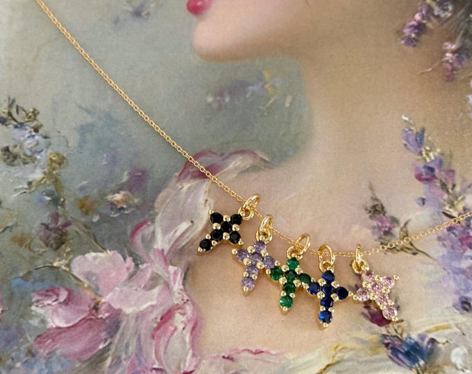 Gold Zircon Cross Necklace: 14k Gold Filled Chain, Gold Plated Cross with Colored Zircons, Dainty Faith-Filled Jewelry Gift #1921
