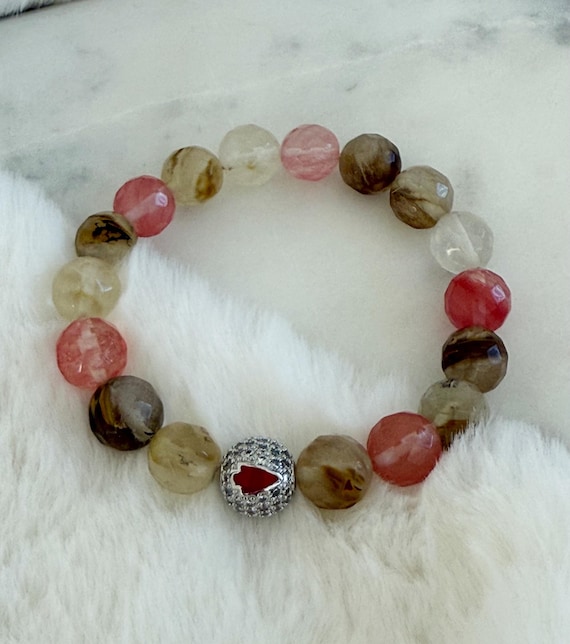 Arrowhead Gemstone Football Bracelet, Watermelon Tourmaline, Stacked Bracelets, Game Day Bling #1798