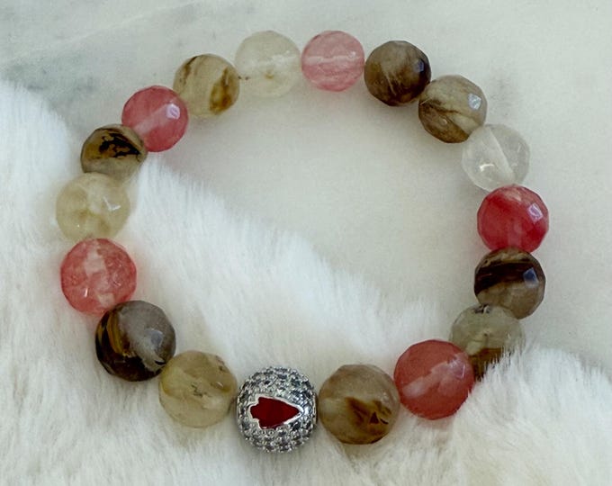 Arrowhead Gemstone Football Bracelet, Watermelon Tourmaline, Stacked Bracelets, Game Day Bling #1798