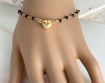 Dainty Magnetic Rosary Gemstone Chain Bracelet, Gold Magnetic Heart Clasp, Easy Wear Jewelry, Gift for her #1882