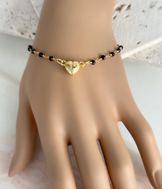 Dainty Gemstone Rosary Bracelet: 24k Gold Magnetic Heart Clasp, #1882