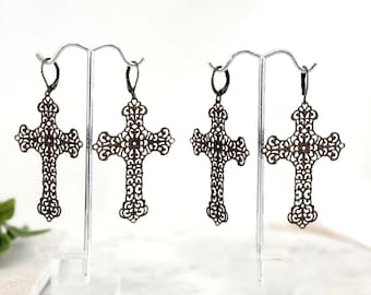 Big & Bold Bronze Filigree Cross Earrings, Mini Hoop or Leverbacks, Big and Beautiful Light Weight Cross Earrings, #1846