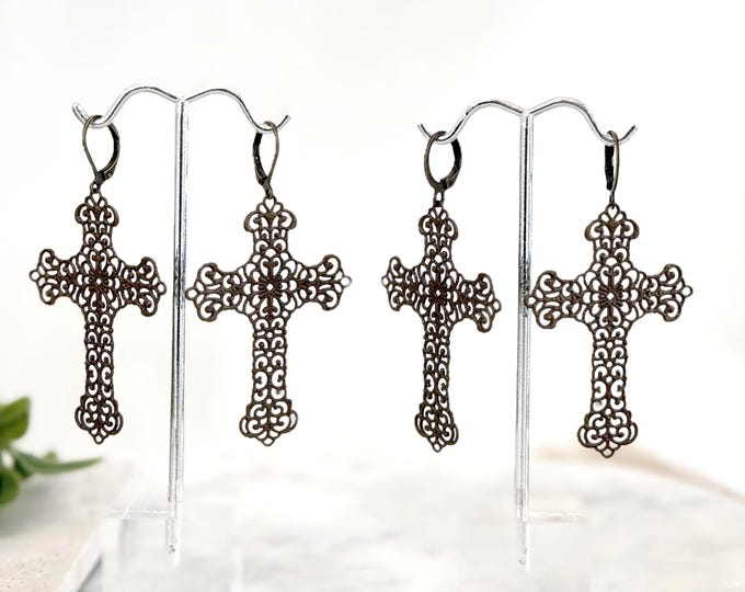 Big & Bold Bronze Filigree Cross Earrings, Mini Hoop or Leverbacks, Big and Beautiful Light Weight Cross Earrings, #1846