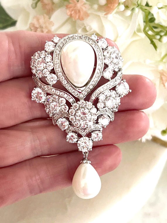 Royal Palace Zircon Pearl Brooch, Large Teardrop Shaped Brooch, Paved and Prong Zircons, Vintage Style, Silver or Gold, Large Pearls, #1737