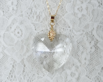 14k Gold Filled LARGE Swarovski Crystal Heart Necklace, 14k Gold filled Chain Necklace, Motif Leaf Design Bail, #1821