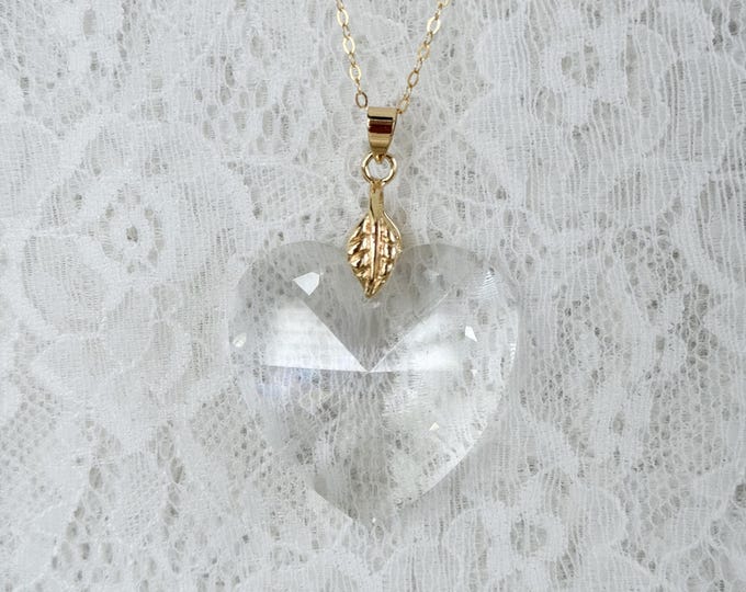 14k Gold Filled LARGE Swarovski Crystal Heart Necklace, 14k Gold filled Chain Necklace, Motif Leaf Design Bail, #1821