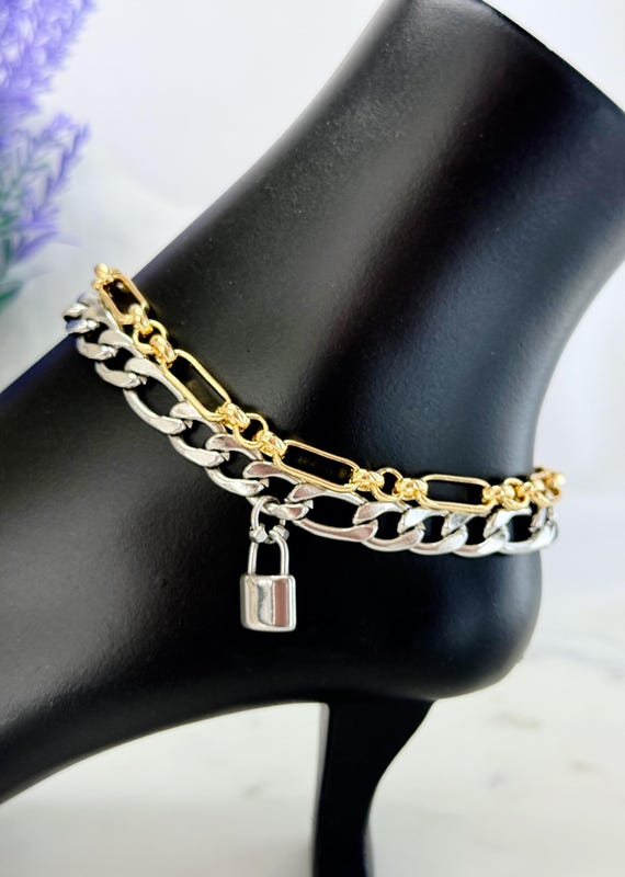 Layered Mixed Metal Anklets, Gold Paperclip & Silver Figaro Anklets, Stainless Steel Lock Charm, Aventurine Gemstone, #1993/#2063