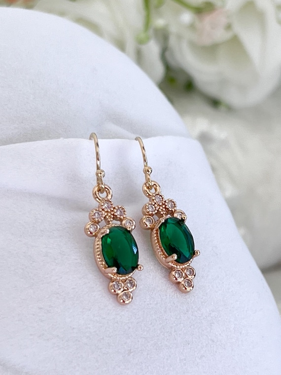 Emerald Green Bridgerton Inspired Diamond Zircon Earrings and Necklace Set, Choice Colors, Dainty 14k Gold Filled Jewelry #1694