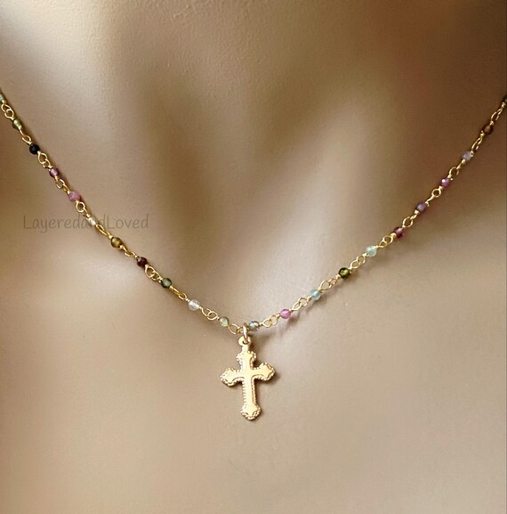 Gold Cross Tourmaline Rosary Necklace, 14k Gold Filled Small Cross on Dainty Tourmaline Gemstone Chain, Inspirational Jewelry, #1088