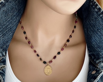 Saint Michael Large Tourmaline Gemstone Rosary Necklace, Gorgeous Big Oval Tourmalines, Gold Bronze Charm, Religious Inspiration, #1787