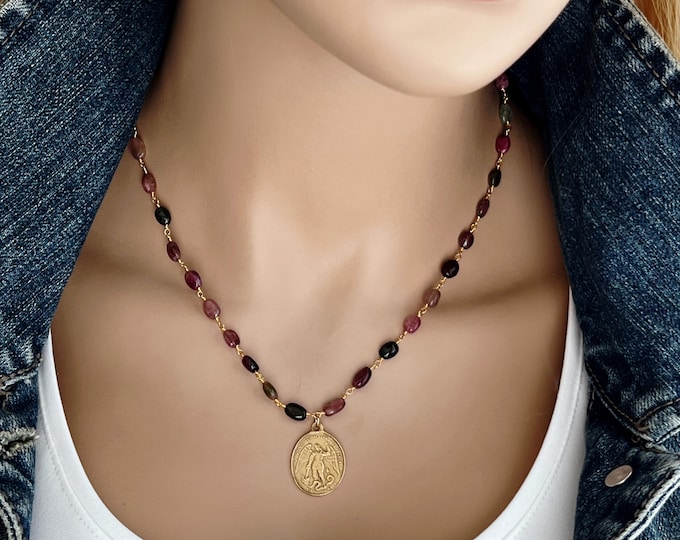 Saint Michael Large Tourmaline Gemstone Rosary Necklace, Gorgeous Big Oval Tourmalines, Gold Bronze Charm, Religious Inspiration, #1787
