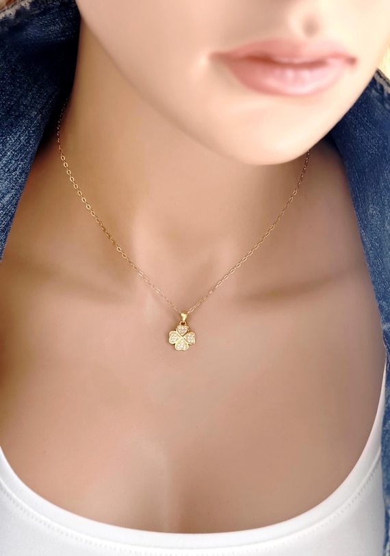 Lucky Clover Zircon Necklace, 14k Gold Filled Chain, Dainty Good Luck Charm #1282