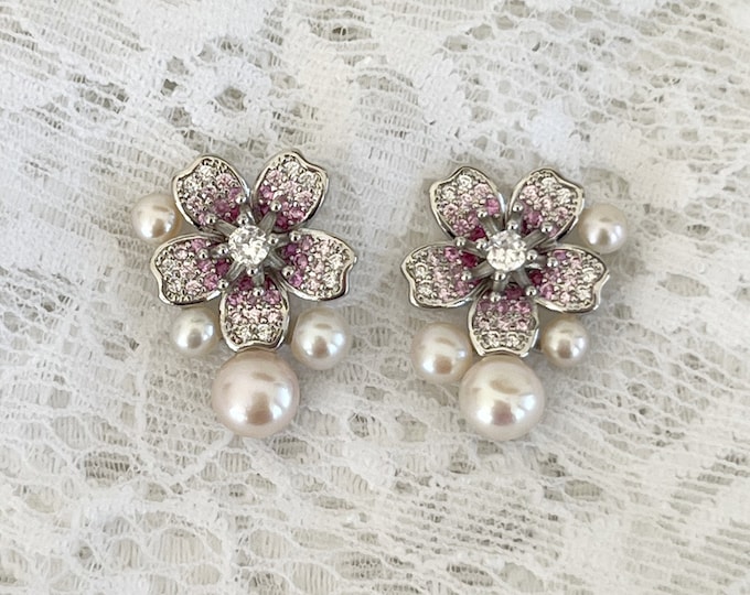 Cherry Blossom Pearl Earrings, Sakura Flower, Sterling Silver Zircon Posts, Multiple White Pearls, Paved Zircons, Classic Royal Style, #1696
