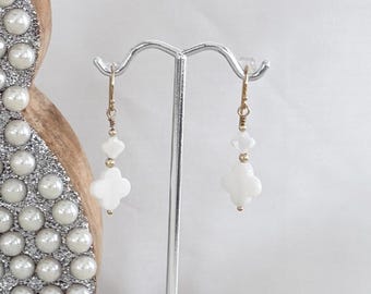 14k Gold Filled Double MOP Clover Earrings, Mother of Pearl Dangle Drop Earrings, Quatrefoil Shell Earrings, #1723