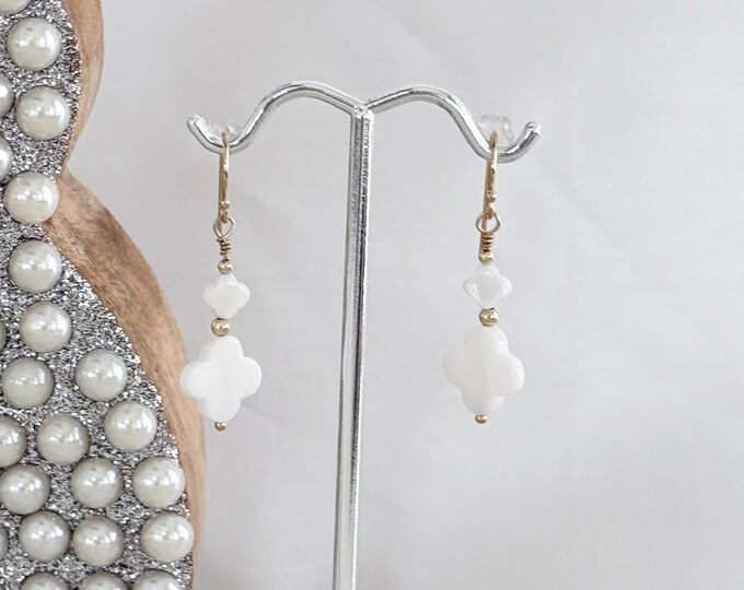 14k Gold Filled Double MOP Clover Earrings, Mother of Pearl Dangle Drop Earrings, Quatrefoil Shell Earrings, #1723