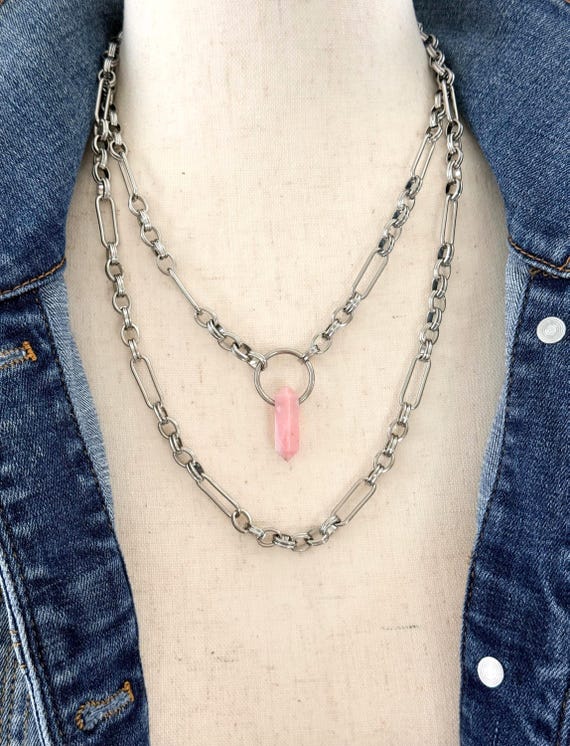 Pink Opal Stainless Steel Chain Necklace, Long Double Wrap Necklace, Paperclip Link Trombone Chain Statement Jewelry, #2023
